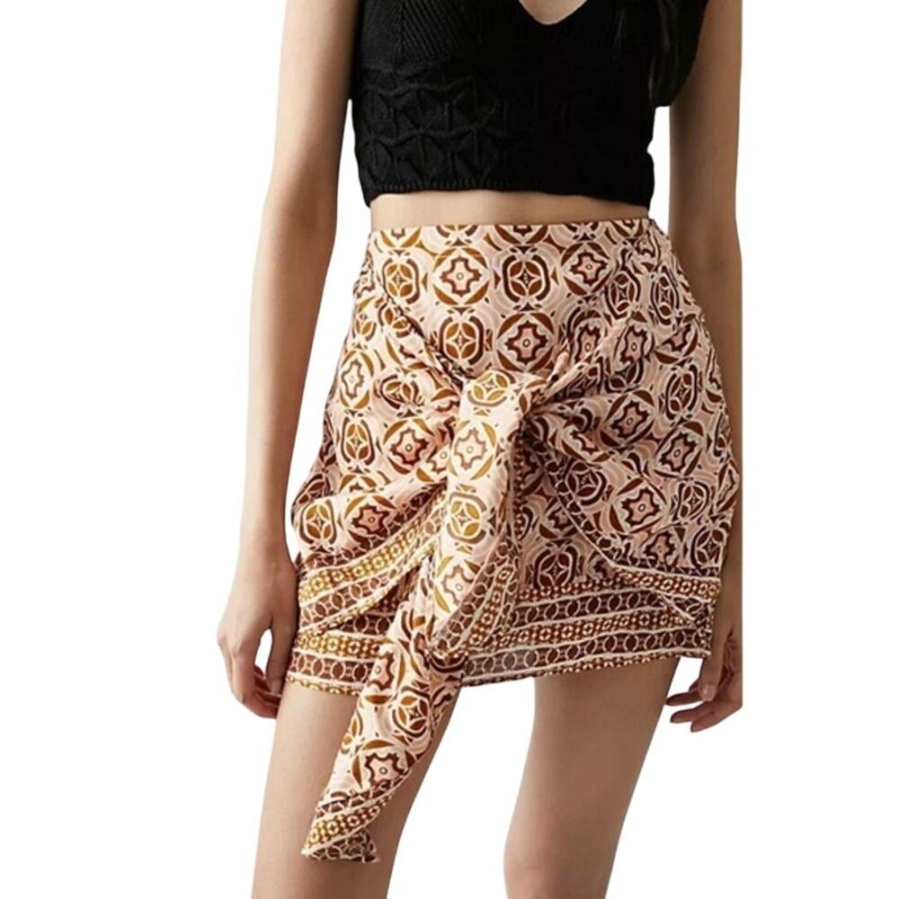 Free People Imogen Tan Pink Pattern Front Tie Sarong Boho Cute Beachy Mini Skirt